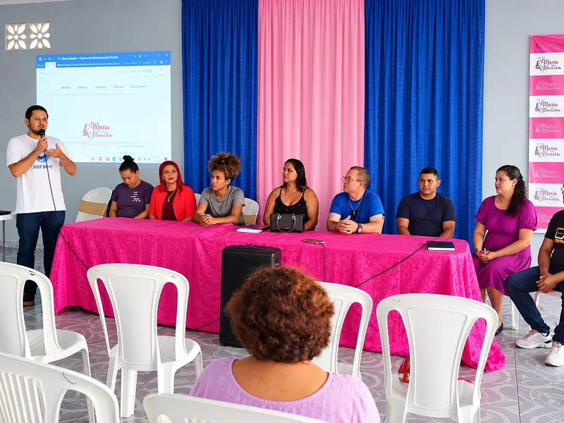 Participantes de uma reunião comunitária sentados à mesa na sede