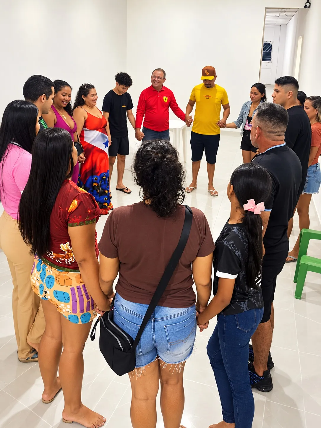 Participantes de mãos dadas em uma atividade na sede do Instituto