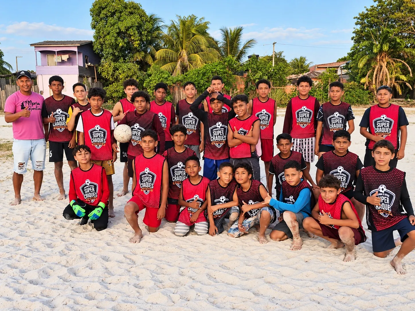 Time da escolinha Super Craques uniformizado no campo de areia, ao pôr do sol